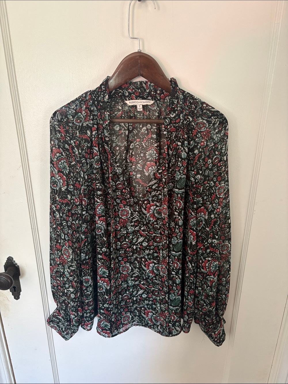 Rebecca Minkoff Black Floral Tie-Neck Long Sleeve Blouse